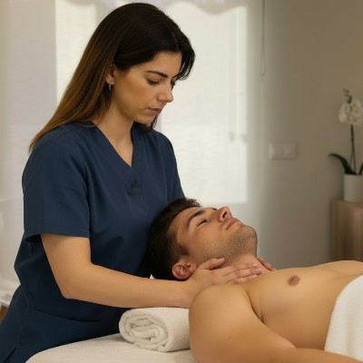 Fisioterapeuta realizando tratamiento manual en el cuello de un paciente